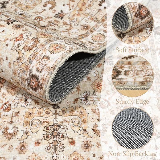 Washable Area Rugs 5'x7' Non-Slip Vintage Boho Distressed Fade Resistant Low Pile Carpet for High-Traffic Living Room, Bedroom & Dining Room