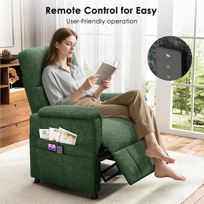 Amada Power Recliner Chair for Adults, Chenille Electric Reclining Chair for Small Spaces with Remote & Side Pockets, Thick Seat Cushion for Home Theater, RV, Living Room & Bedroom