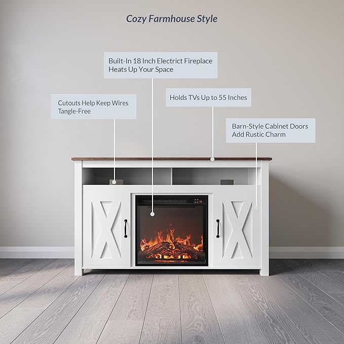 BELLEZE Modern 48" Barn Door Wood TV Stand with 18" Electric Fireplace Heater & Media Entertainment Center Console Table for TV up to 50" with Two Open Shelves and Cabinets - Corin (White)