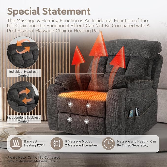 Lazy Boy Recliner Chair with Heated and Massage, 4 Motor Headrest, Lumbar Independent Adjustment Power Lift Recliner with Hidden Cup Holder、Side Pocket、Back Pillow