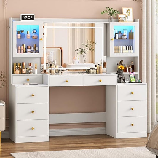Large Vanity Desk w/60000-color LED Lights,Tempered Glass Top,Outlet,62inch White Makeup Vanity Table w/ 3 Lights Mode Mirror & Lights,9 Drawers,2 RGB Cabinet,LED Dressing Table for Women