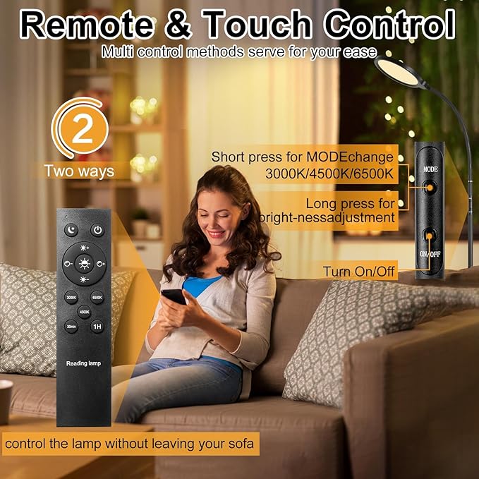 LED Floor Lamp, Living Room Lamps, 3 Color Temperatures Bright Modern Tall Lamp, Adjustable Gooseneck Standing Lamp with Remote & Touch Control,Floor Lamp for Living Room, Bedroom, Office