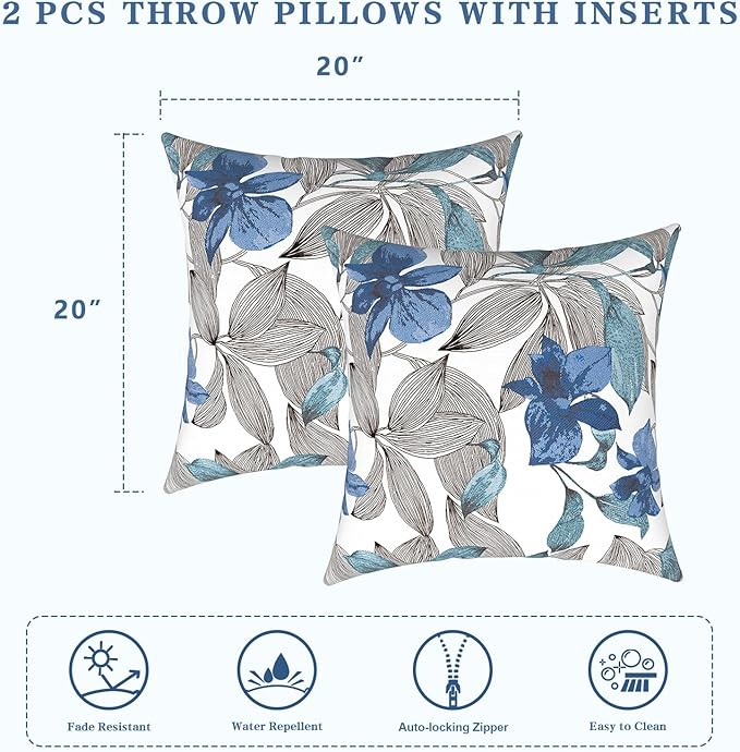 LVTXIII Outdoor Throw Pillows, Decorative Throw Pillows with Inserts, 20"x20" Square Pillows for Bed, Couch, Sofa and Patio Furniture, Set of 2, Clemens Noir Blue
