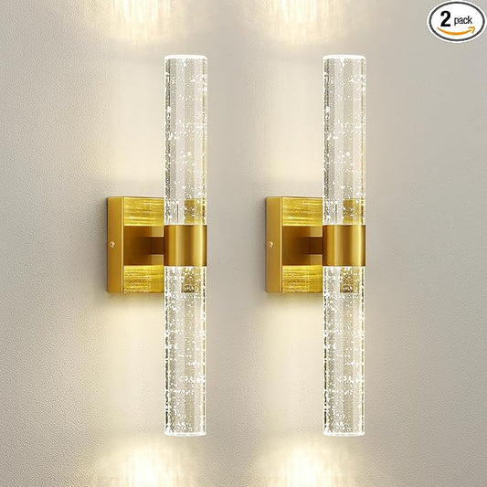 Gold Wall Sconces Set of Two - Modern Crystal Sconces Wall Lighting 12W 4000K LED Wall Sconce Dimmable Indoor Wall Light Fixtures for Bathroom Bedroom Living Room Hallway, 18 Inch