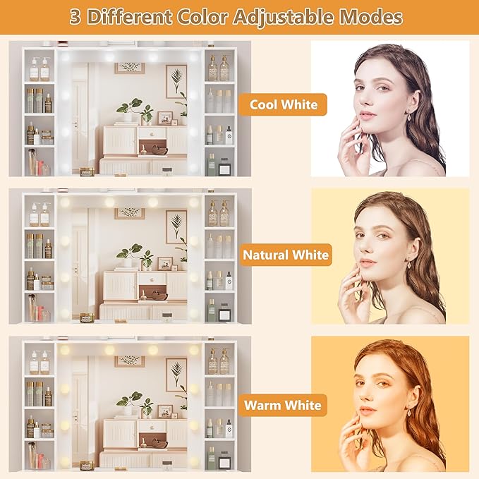 White Vanity Desk with Mirror and Lights, Glass Top Vanity with Lighted Mirror & RGB Glass Cabinet and 3 Drawers, Makeup Vanity Desk with Lights Dressing Table for Bedroom, 3 Color Modes