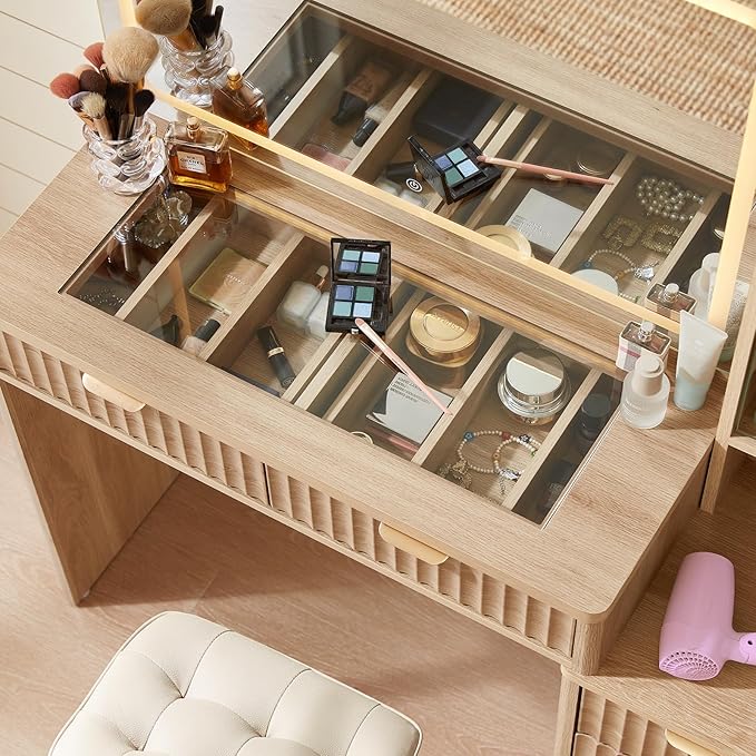 LEYAOYAO Vanity Desk with Mirror and Lights, 43.5'' Fluted Makeup Vanity with 6 Drawers and Adjustable Shelves, Glass Top Make Up Vanity, Girls Wood Dressing Table with Power Outlet for Bedroom