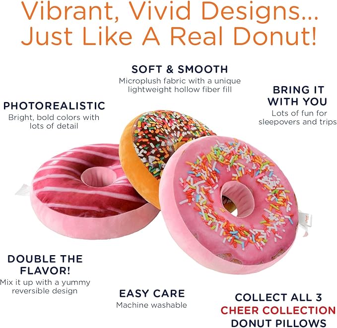 Cheer Collection Round Donut Pillow | 2-in-1 Reversible Super Soft Microplush Doughnut Pillow - Chocolate Glaze, Rainbow Sprinkles