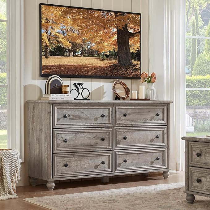 Farmhouse Dressers & Night Stand Set of 3, Wood 54" Wide 6 Drawer Dresser & 35.5"Tall Chest of Drawers, 18" with Charging Station Nightstand, Bedroom Furniture Dresser Set for Home Living Room Hallway