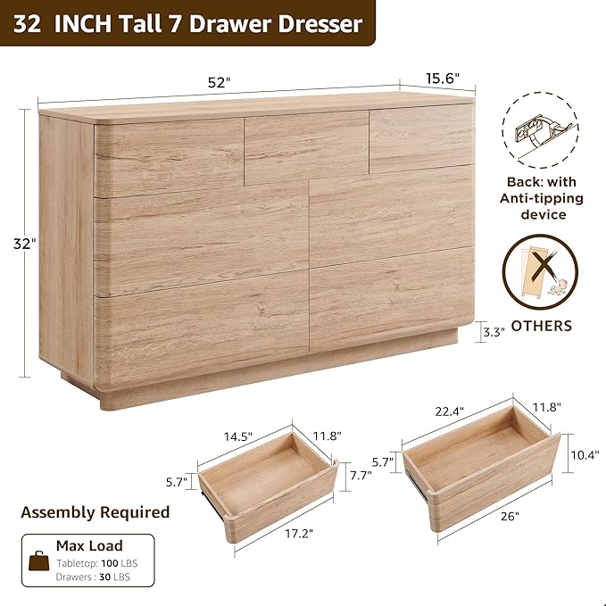 Modern 7 Drawer Dresser for Bedroom, 52" Wide Handleless Chest of Drawers, Large Push-to-Open Wood Storage w/Curved Profile, Dresser TV Stand for Bedroom, Living Room, Hallway, Natural Oak