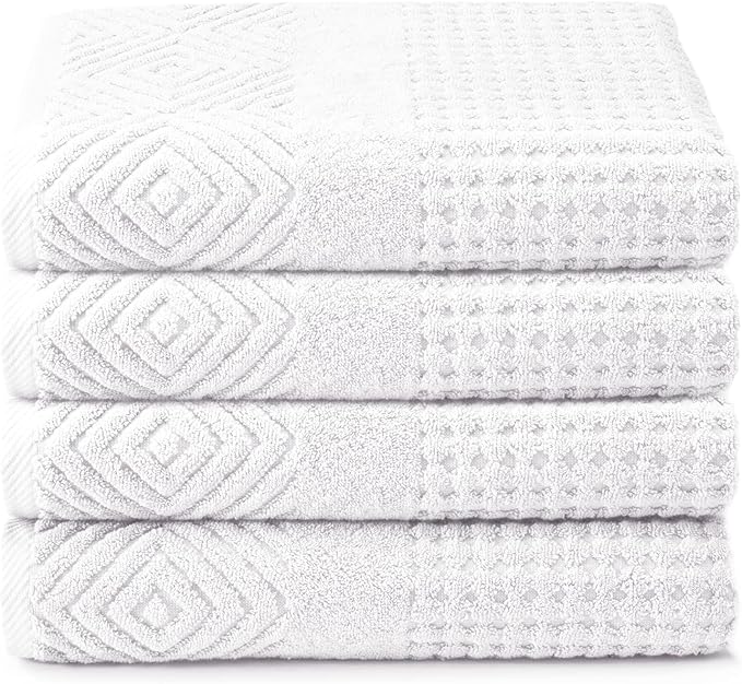 Texere 100% Organic Cotton Diamond Jacquard 700 GSM Luxury Bath Towel Sets - Ultra Soft and Absorbent Hotel and Spa Quality (Diamond, Bright White, 4 Bath Towels)
