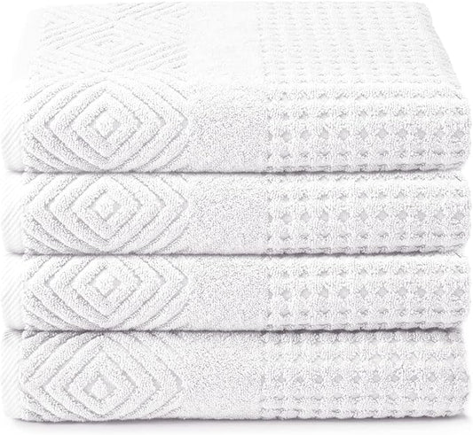 Texere 100% Organic Cotton Diamond Jacquard 700 GSM Luxury Bath Towel Sets - Ultra Soft and Absorbent Hotel and Spa Quality (Diamond, Bright White, 4 Bath Towels)