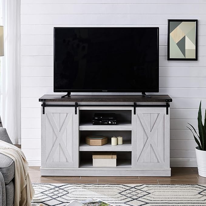 Farmhouse Sliding Barn Door TV Stand for TV up to 65 Inch Media Console Table Storage Cabinet Wood Entertainment Center Ranch Rustic Style Gray