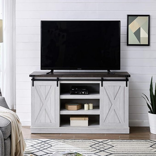 Farmhouse Sliding Barn Door TV Stand for TV up to 65 Inch Media Console Table Storage Cabinet Wood Entertainment Center Ranch Rustic Style Gray