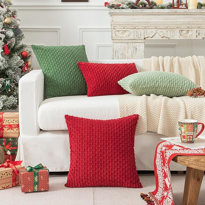 Kevin Textile Pillow Covers Pack of 2 Christmas Cushion Covers for Bedroom 20x20 Inch Burgundy Soft Corduroy Throw Pillow Cover with Stripes Machine Washable Pillowcase for Bedroom