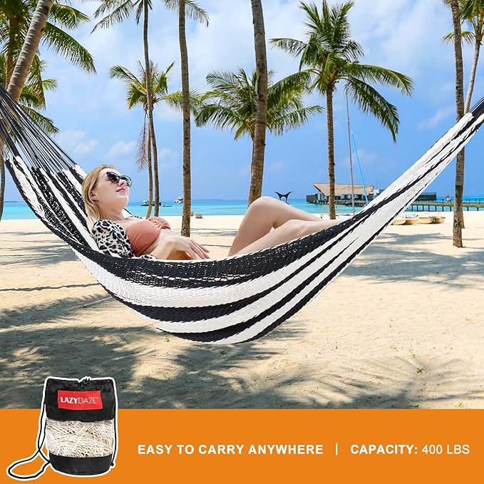 Lazy Daze Hammocks Handwoven Mayan Hammock, 10.5 FT Soft Rope Double Hammocks, Portable Outdoor Hammock with Carry Bag, 2 Straps & carabiners for Patio Outside, 550 lbs Weight Capacity, Black/White