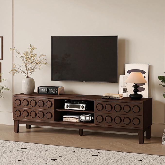 70" Modern TV Stand, Entertainment Center for Tvs up to 75", Unique Circular Design, TV Media Console with 4 Drawer & Open Storage for Living Room (Walnut)