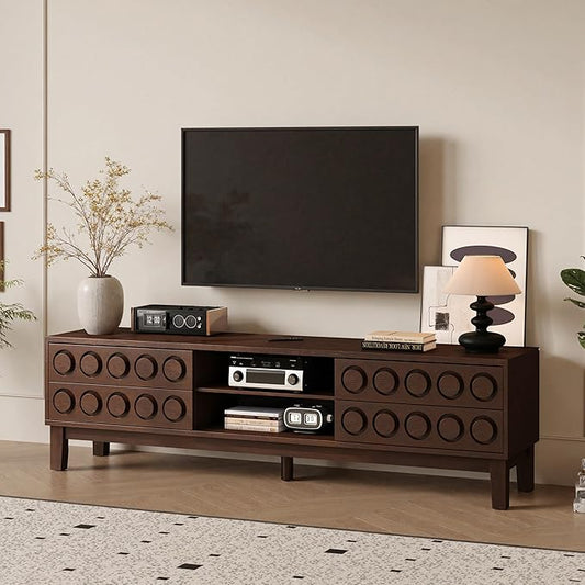 70" Modern TV Stand, Entertainment Center for Tvs up to 75", Unique Circular Design, TV Media Console with 4 Drawer & Open Storage for Living Room (Walnut)