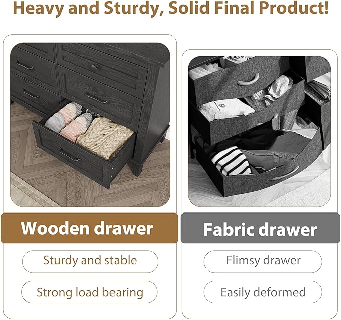 GarveeHome 6 Dresser for Bedroom, 47" Wide Drawer Dresser with Storage Freestanding, Wooden Closet Storage Chest for Living Room, Bedroom, Entryway, Black