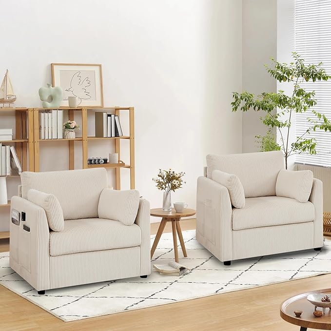 Accent Chair Set of 2 Living Room Chairs in Corduroy Fabric,Reading Chair Sofa couches for Apartment Bedroom and Small Spaces. (Beige, 2 Chairs)