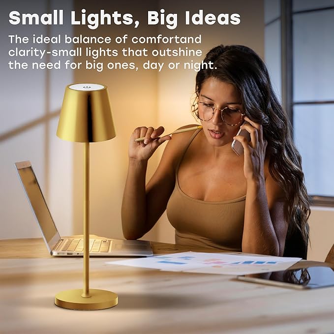 2 Pack Cordless Table Lamp,Portable LED Desk Lamp, 5200mAh Battery Operated, 3 Color Stepless Dimming Up, for Restaurant, Bedroom, Bars, Outdoor Party, Camping, Coffee Shop Night Light Gold