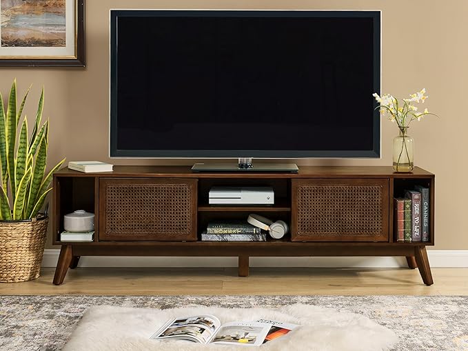 68 Inch Mid Century Modern TV Stands with Rattan Doors, MCM Entertainment Center Media Console for 60/65/70/75 inch TVS, Long Boho Television Stand for Living Room, Dark Walnut