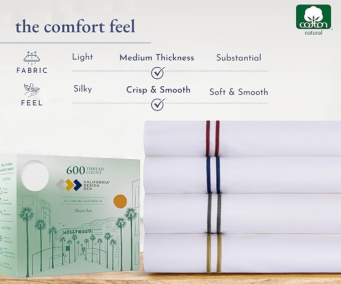 California Design Den Luxury King Size Sheet Set - 100% Cotton, 600 Thread Count Deep Pocket King Sheets, Hotel-Quality Bedding with Sateen Weave - White Embroidered Navy