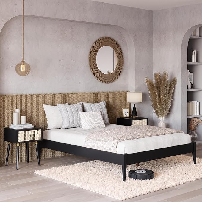 Bme Dinkee Queen Platform Bed Frame Wood 15 Inch - Solid Wood Bed Frame - Modern & Minimalist Style - 12 Strong Wood Slat Support - Easy Assembly - No Box Spring Needed - Black