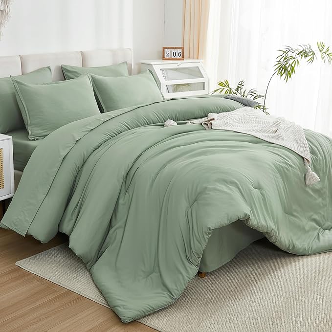 Litanika Oversized King Comforter Sets Sage Green - 7 Pieces Bed in a Bag Oversized King Bedding Comforter Sets, Solid Lightweight Bed Set with Comforter, Sheets, Pillowcases & Shams