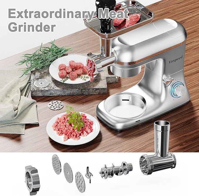 Vospeed 9 IN 1 Stand Mixer, 850W Tilt-Head Multifunctional Electric Mixer with 8 QT Stainless Steel Bowl, 1.5L Glass Jar, Meat Grinder, Hook, Whisk, Beater Dishwasher Safe (Silver)
