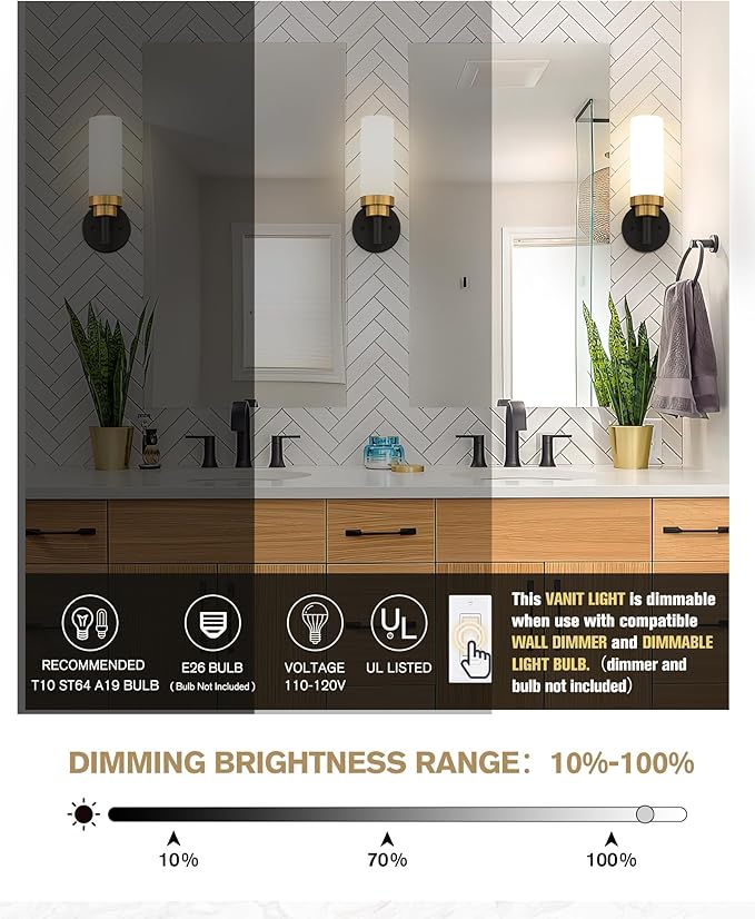 Emak Modern Wall Sconce, Black and Gold Bathroom Light Fixtures with Milk Glass Shade, Sconces Wall Lighting for Bathroom, Bedroom, Living Room, Hallway, WS085-BKBGD-ML