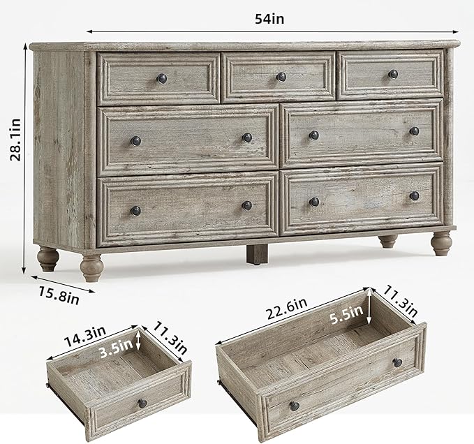 7 Drawers Dresser for Bedroom, Farmhouse 54" Wide Wood Dressers Chest of Drawers, Vintage Design TV Stand, Rustic Storage Dresser Organizer with Metal Handle Closet for Living Room, Hallway