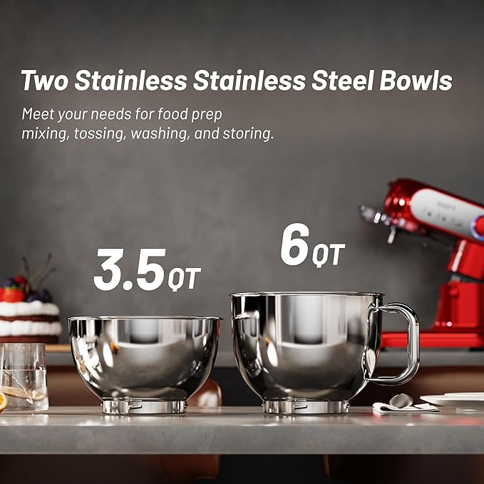 Stand Mixer, 3.5QT+6QT Two Bowls Kitchen Electric Mixer, 600W 6+P speed Tilt-Head Food Mixer with Stainless Steel Bowl, Dishwasher-Safe Dough Hook, Flat Beater, Wire Whisk, Splash Guard, Red
