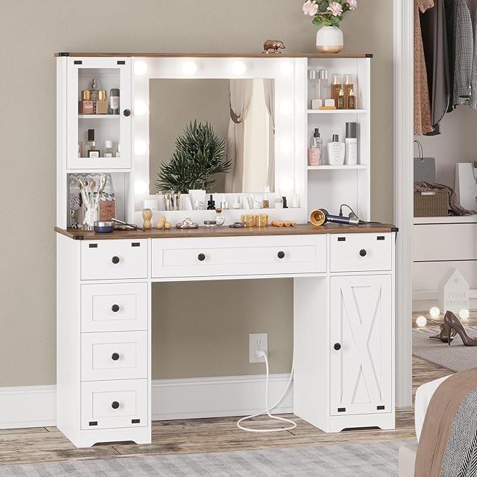 DICTAC Farmhouse Makeup Vanity Desk with Mirror and Lights, Large Vanity Table with Charging Station, 43'' Bedroom Dressing Table with 6 Drawers & 2 Cabinets, 3 Color Lighting Modes, White
