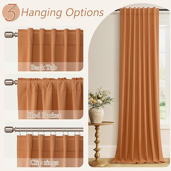 Guken Orange Blackout Curtains 90 Inch Length 2 Panels Set for Living Room Bedroom Back Tab Thermal Insulated 100% Black Out Linen Drapes Room Darkening Window Curtains 90 Inches Long