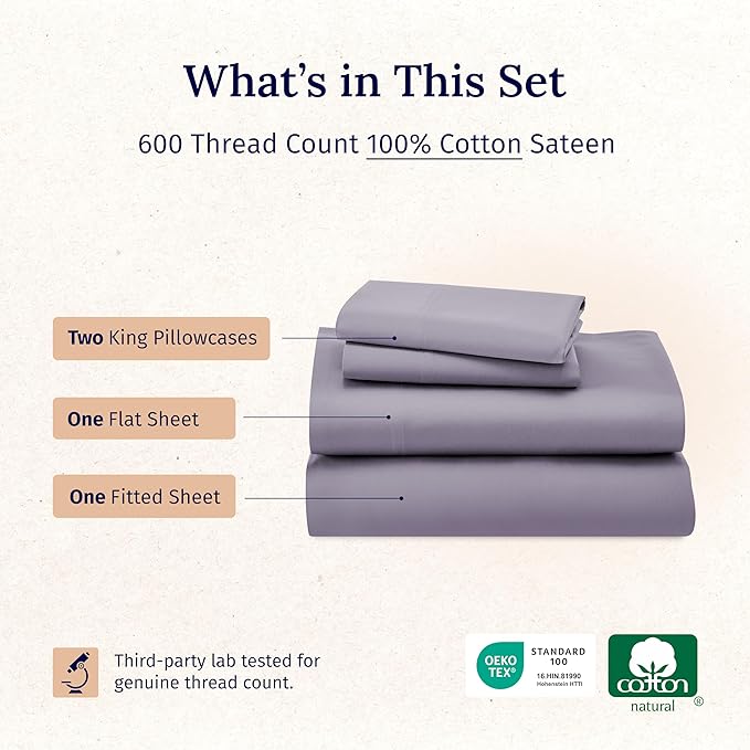 California Design Den Luxury King Size Sheet Set - 100% Cotton, 600 Thread Count Deep Pocket King Sheets, Hotel-Quality Bedding with Sateen Weave - Lavender