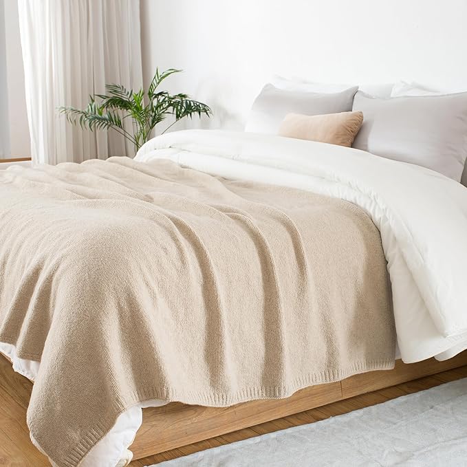 Carriediosa Wool Blend Knit Throw Blanket 60" X 80" Twin, 50% Recycled Polyester Soft Cable Knitted Fluffy Throws for Couch Lightweight Woven Blankets for Sofa Fuzzy Cozy Bed Cover, Light Beige