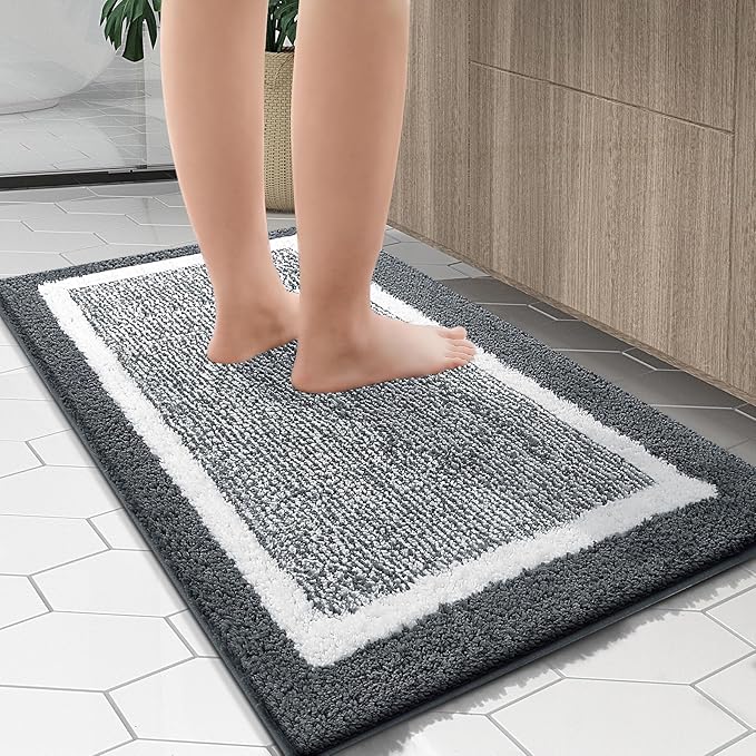 OLANLY Bathroom Rugs 24x16, Extra Soft and Absorbent Microfiber Bath Mat, Non-Slip, Machine Washable, Quick Dry Shaggy Bath Carpet, Suitable for Bathroom Floor, Tub, Shower (Small, Dark Grey)