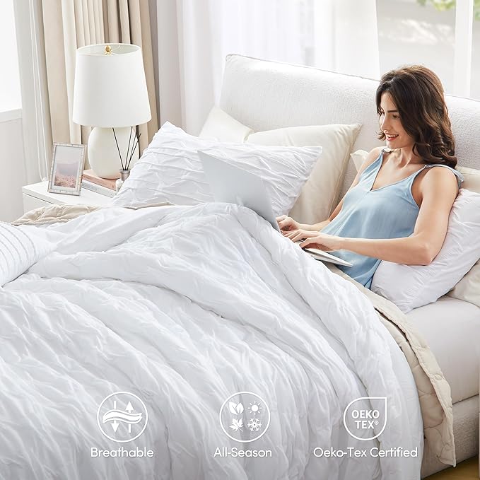 Comfort Spaces Comforter for Queen Size Bed, Ogee Ruched with Crinkle Texture, Breathable Comforter Set Queen, All Season Lightweight Bedding Set, Shams, Décor Pilow, Full/Queen White 4 Piece