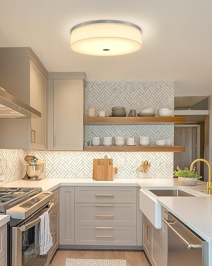 LMS Modern Flush Mount Ceiling Light, 16" Large Light Fixtures Ceiling in Brushed Nickel, 2- Light Flush Mount Light Fixture with Drum White Acrylic Shade, Dimmable, LMS-030