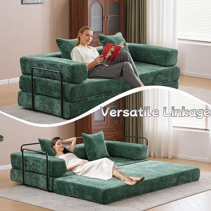 Convertible Sofa Bed, Compression Futon Sofa with Pillows & Armrest, Foldable Mattress Couch with Fixed-Shape Frame, Comfy Couch Lounge Sleeper Bed for Living Room Bedroom, Dark Green