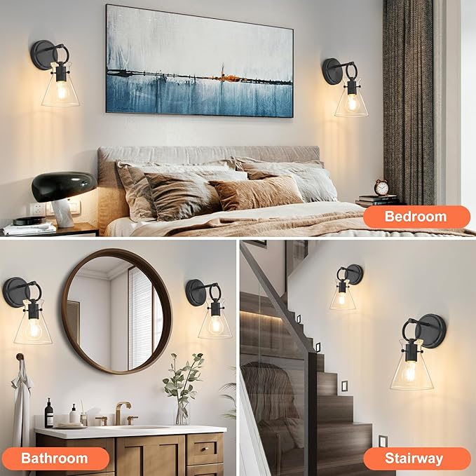 Wall Sconces Set of 2 Modern Vanity Light Fixtures for Bathroom Black Wall Mount Lighting Lamp Hardwired Farmhouse Wall Lights with 6 Inch Clear Glass Shade for Bedroom Living Room Mirror