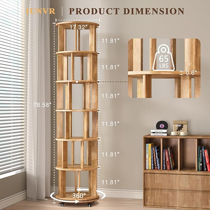 6 Tier Bookshelf Tower, 360° Solid Wood Spinning Bookcase with Swivel Wheels, Floor Standing Book Shelf for Small Space, Bookshelf for Home Office Study Room Bedroom Living Room
