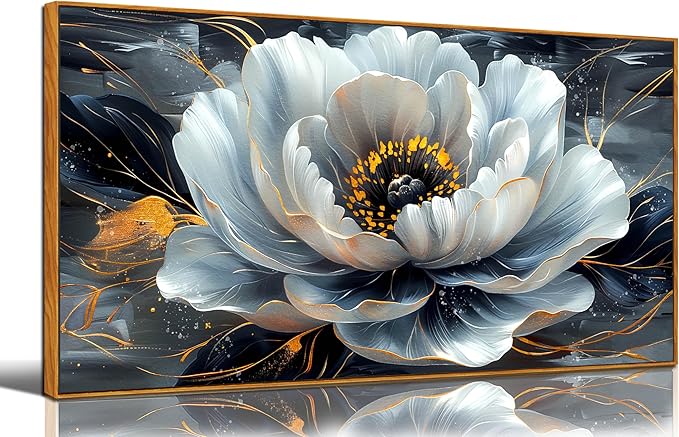 White Flower Pictures for Living Room Wall Decor - Modern Prints Wall Art for Bedroom - Wooden Framed Wall Art for Office Size 20" x 40"