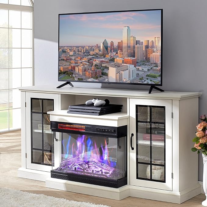 AMERLIFE 3-Sided Glass Fireplace TV Stand for TVs up to 65'' with 12 Color, Media Entertainment Center Console Table with Doors Closed Storage, Distressed White