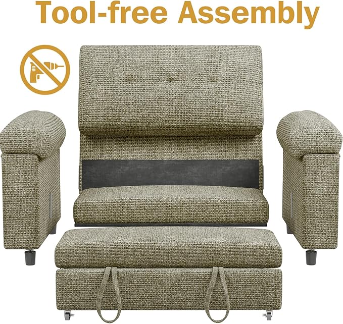 Vipbear 3-in-1 Convertible Sofa Bed, Pull Out Sleeper Sofa with USB Charging Station & Adjustable Backrest, Loveseat with Side Pocket for Living Room, Apartment, Tool-Free Assembly, Chenile Light Grey