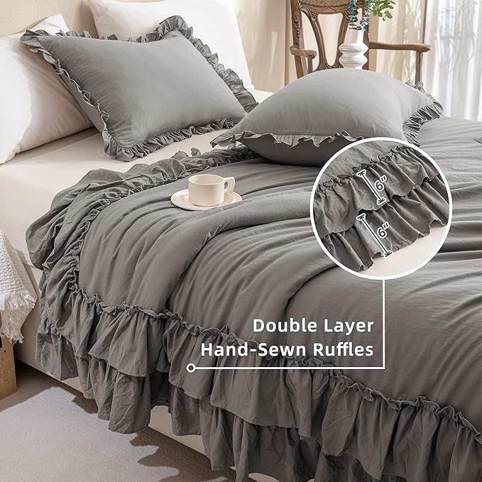 QSH Shabby Grey Ruffled Chic Comforter Queen Size, Farmhouse Boho Bedding Comforter Sets, 3 Pieces All Season Microfiber Inner Fill Bedding, Ultra Soft Lightweight Comforter Queen for Bed