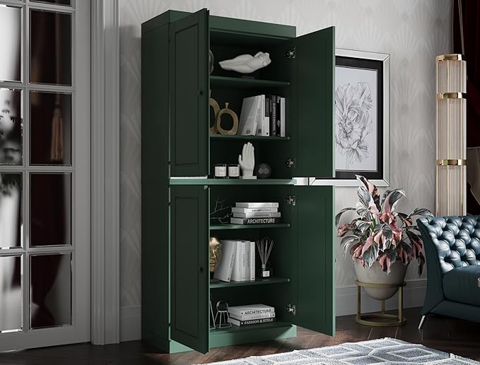 Palace Imports Solid Wood Bookcase - 6-Tier Bookshelf, 71.5” H - Green, Wooden Cabinet Doors & Adjustable Shelves, Tall Bookcase for Living Room, 100% Renewable Eco-Friendly Wood, Made in Brazil