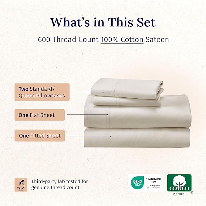 California Design Den - Luxury Full Size Sheet Set - 100% Cotton, 600 Thread Count Deep Pocket Full Size Bed Sheets, Cooling Hotel-Quality Sheets with Sateen Weave - Creamy Beige