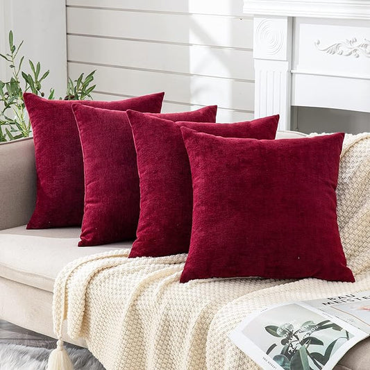 GAWAMAY Decorative Square Throw Pillow Covers 18"x18" Inch Set of 4, Super Soft Chenille Pillows Cover Fall Pillowcase for Living Room Bedroom Sofa Couch Cushion Cover Burgundy Red 45x45cm
