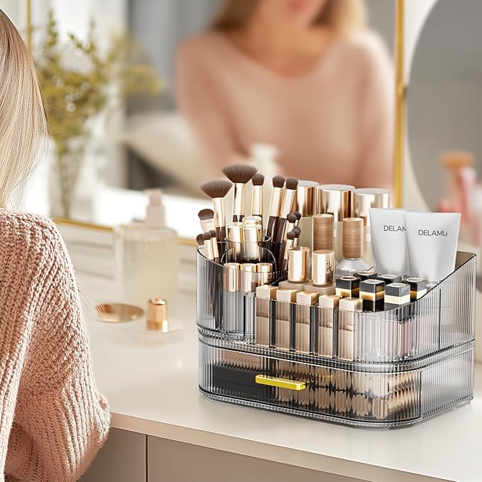 Delamu Makeup Organizer for Vanity with Stackable Drawers, 360 Rotating Makeup Brush Holder Large Cosmetic Display Case for Dresser, Bathroom Countertop Skincare Organizers and Storage, Crystal Black